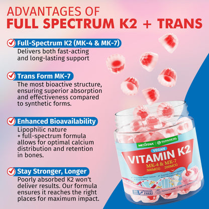 Vitamin K2 Gummies MK-7 200 mcg & MK-4 500 mcg for Women & Men Sugar Free, Perfect 2-IN-1 Full Spectrum Vitamin K2 Supplement for Bone, He-art, Promotes Calcium Absorption, Brain, Teeth, Immune,1Pack