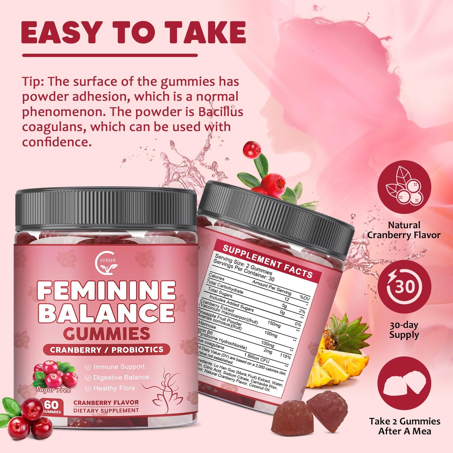 Premium Feminine Balance Gummies for Women with Cranberry Pineapple Powder | Support pH Balance & Vaginal Probiotics Health Gummies with D-Mannose , Sugar Free, Gluten Free, Vegan