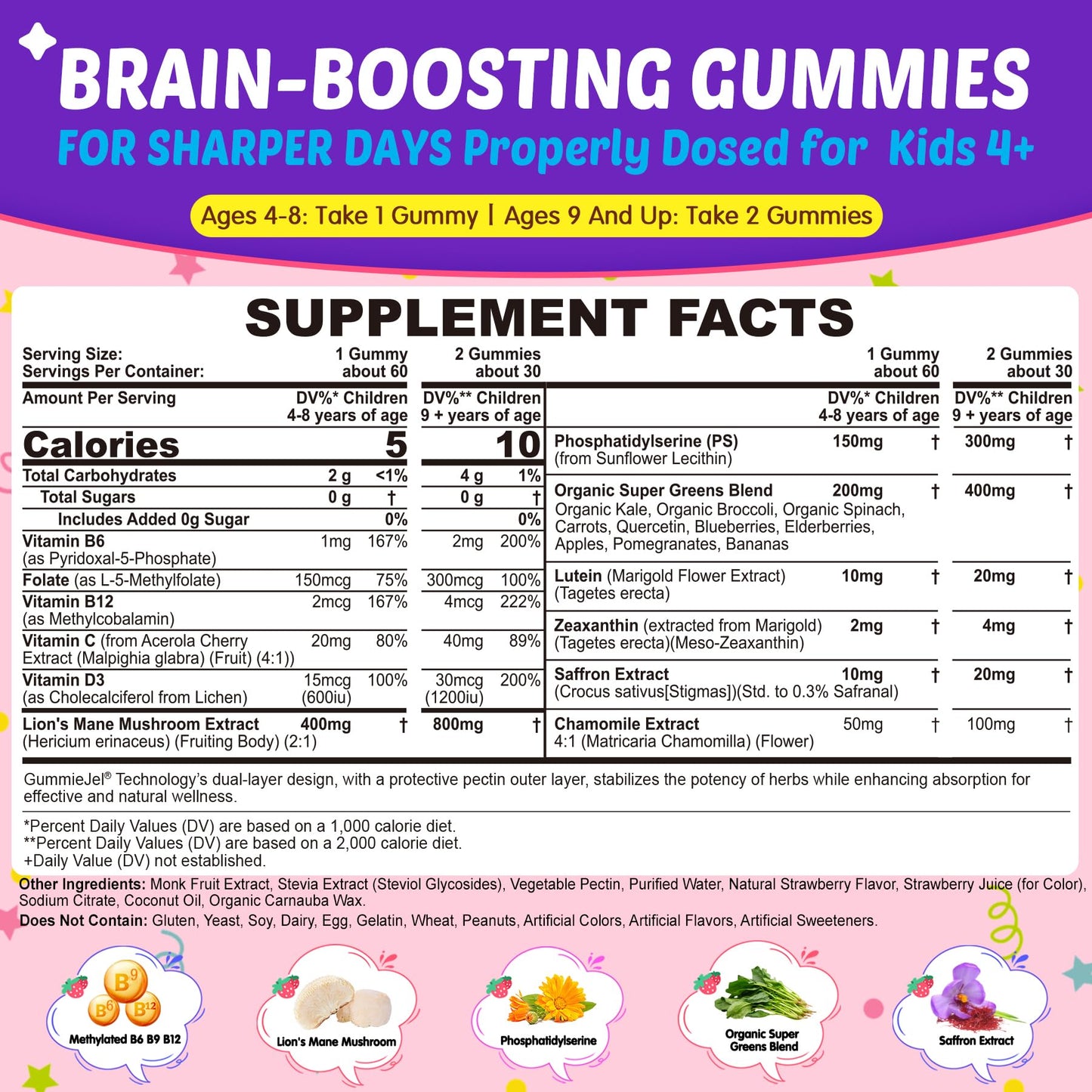 Kids Brain Gummies, Focus Supplement w/Lions Mane Mushroom, Phosphatidylserine, B6, Methyl B12 & B9, Saffron, Brain Vitamins for Focus & Attention, Cognitive, Vision, Energy, Sugar Free, Vegan, 60 Ct