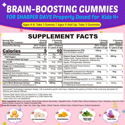 Kids Brain Gummies, Focus Supplement w/Lions Mane Mushroom, Phosphatidylserine, B6, Methyl B12 & B9, Saffron, Brain Vitamins for Focus & Attention, Cognitive, Vision, Energy, Sugar Free, Vegan, 60 Ct