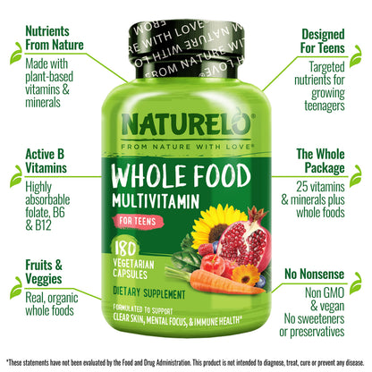 NATURELO Multivitamins for Teenage Girls/Boys, 60 Capsules, Whole Food Multivitamin with Minerals, Non-GMO, Vegetarian