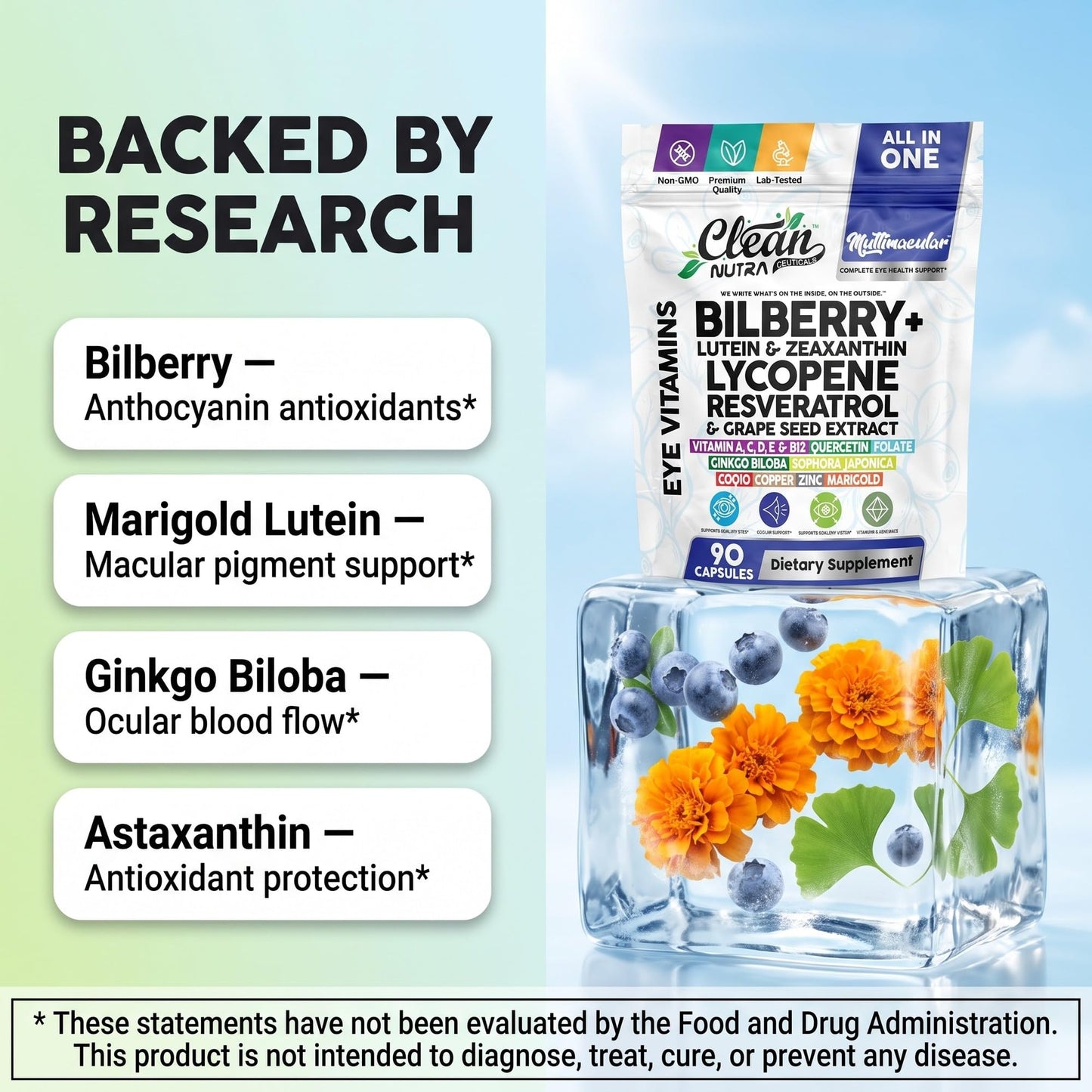 Clean Nutra Eye Vitamins with Bilberry Lutein and Zeaxanthin Supplements Lycopene 40mg Resveratrol Grape Seed Astaxanthin for Eyes - Eye Care Health Support Eye Vitamin and Mineral Supplement