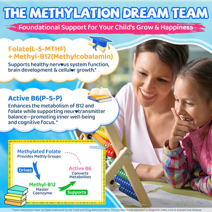 L Methylfolate for Kids Gummies, Active 5-MTHF + Methyl B12, B6, Choline & Vegan DHA, Methylated Vitamins for Kids, MTHFR Supplement Support Mood, Bēhavior, Cognition, Brain, Focus, Sugar Free, 2 Pack