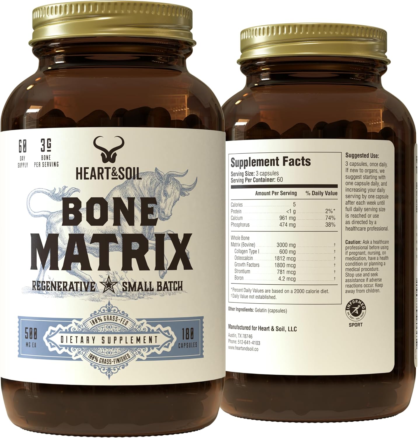 HEART & SOIL Grass Fed Bone Matrix, 180 Capsules | Supports bone and joint health, strength, and flexibility.