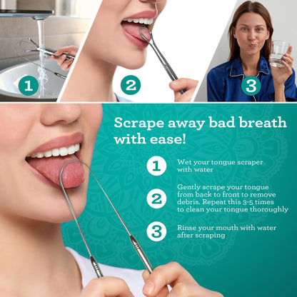 GuruNanda Stainless Steel Tongue Scraper (Pack of 2), Fight Bad Breath, Medical Grade 100% Stainless Steel Tongue Cleaner, Tongue Scraper For Adults and Kids, Great For Oral Care, Travel Friendly