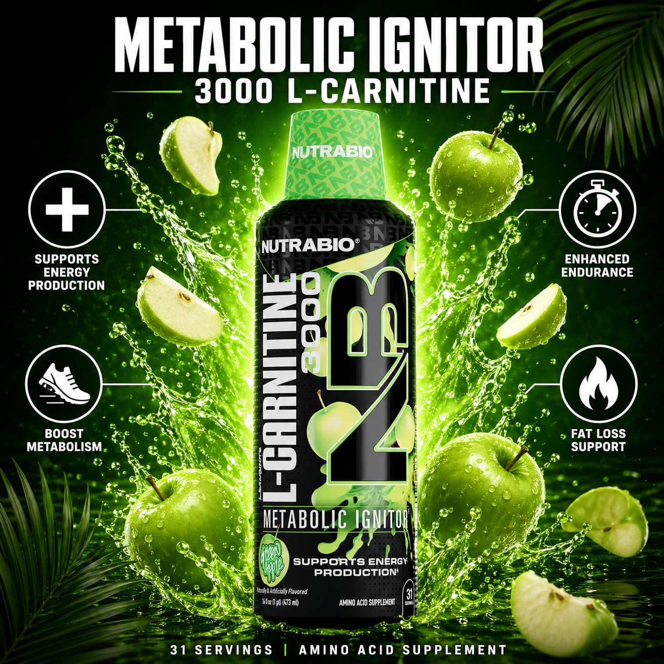 NutraBio – L-Carnitine Liquid Shots – 3000mg, (Green Apple) – 10mg of Vitamin B-5 – Zero Carbs & Sugars – Energy Production – Muscle Recovery