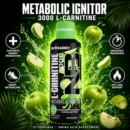 NutraBio – L-Carnitine Liquid Shots – 3000mg, (Green Apple) – 10mg of Vitamin B-5 – Zero Carbs & Sugars – Energy Production – Muscle Recovery