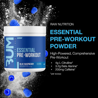 RAW Nutrition - Essential Pre - Chris Bumstead Pre Workout Formula, Sports Nutrition Pre-Workout Powders | Men & Womens Drink, Energy Powder for Working Out (Blue Raspberry)