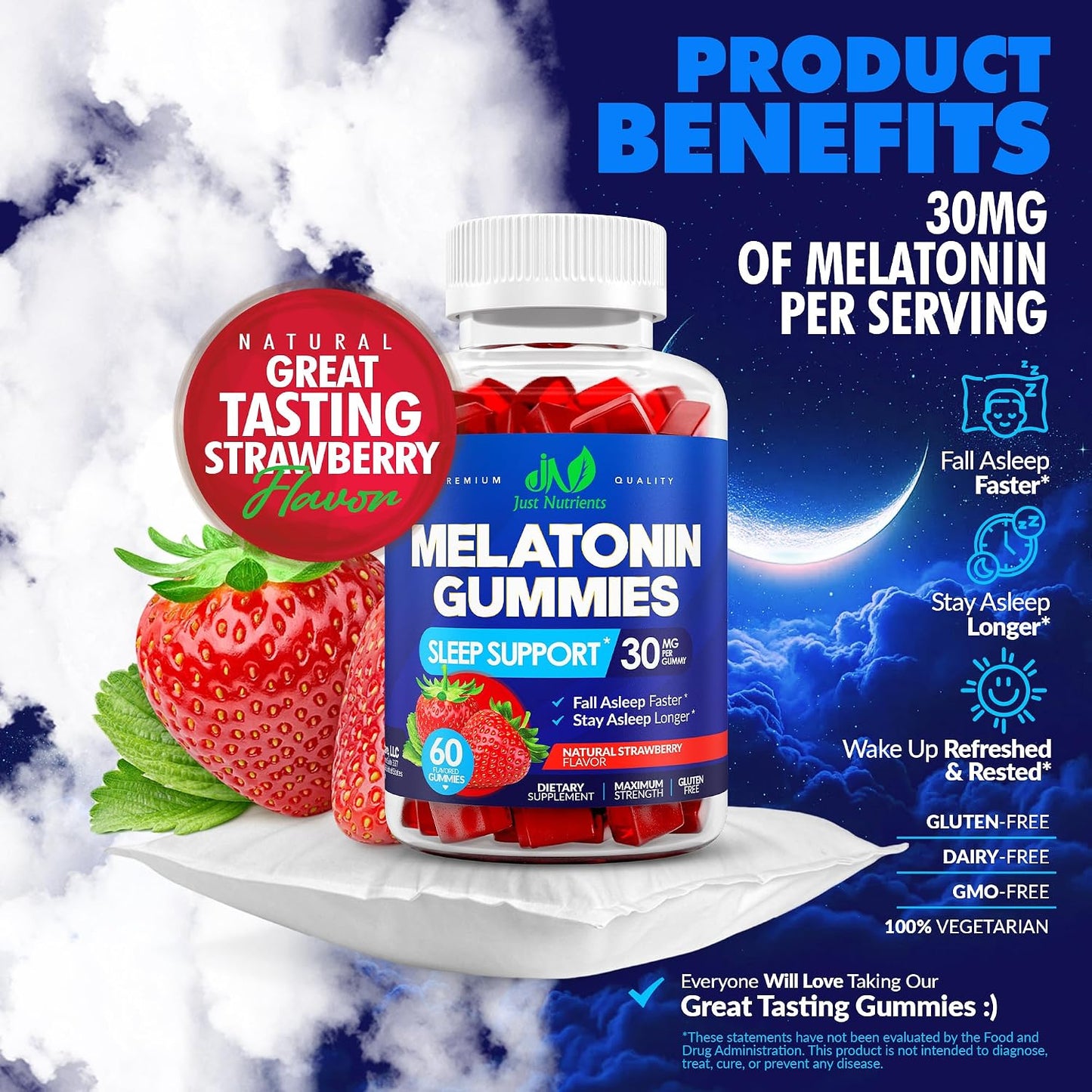 Melatonin 30mg Gummies for Adults, Zero Sugar (2 Month Supply) | Maximum Strength Sleep Support with 30mg of Melatonin Per Gummy - Gluten-Free, Vegetarian, Natural Strawberry Flavor