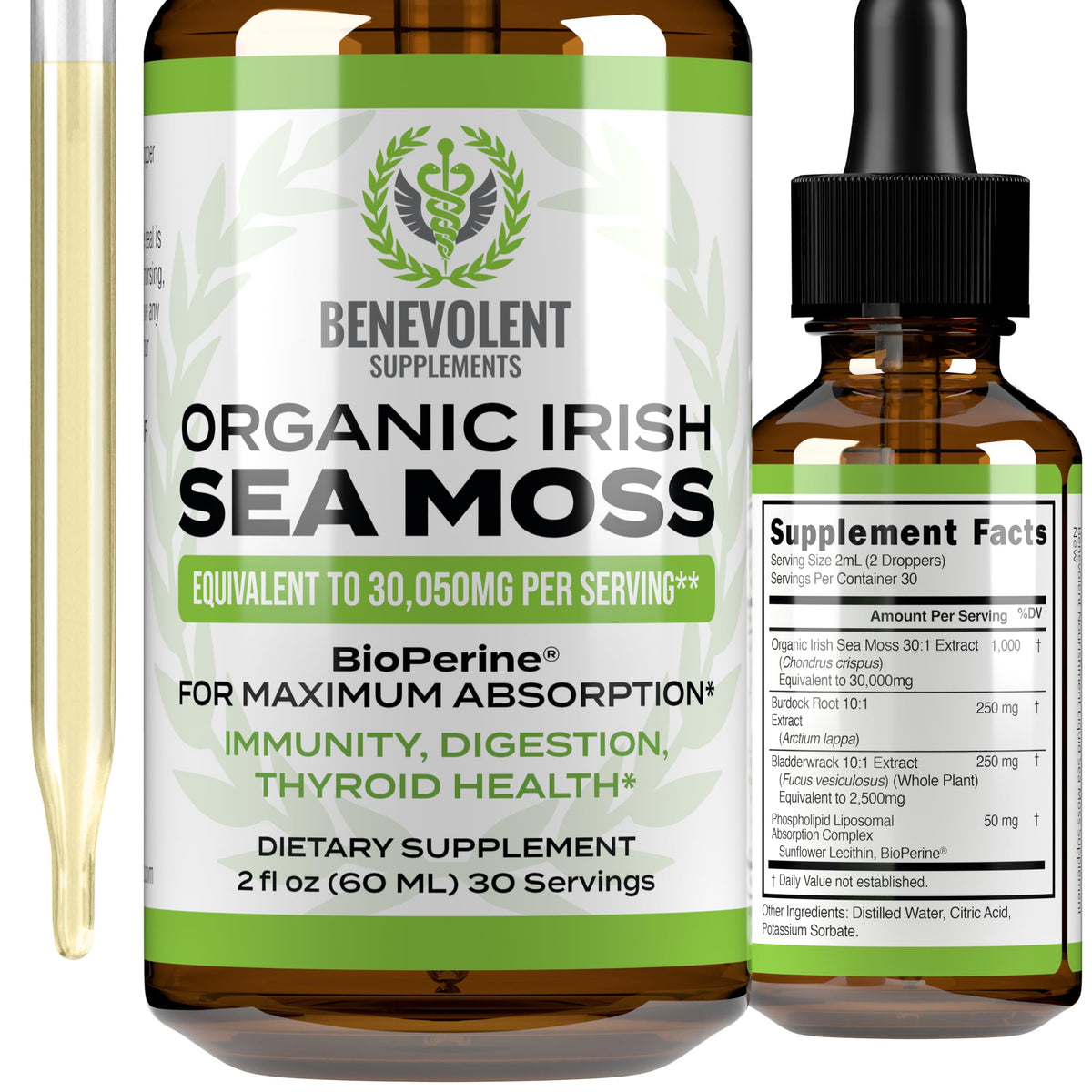 Irish Sea Moss Drops 2oz - Irish Sea Moss Organic, Burdock Root, Bladderwrack & BioPerine