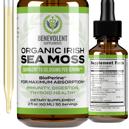 Irish Sea Moss Drops 2oz - Irish Sea Moss Organic, Burdock Root, Bladderwrack & BioPerine