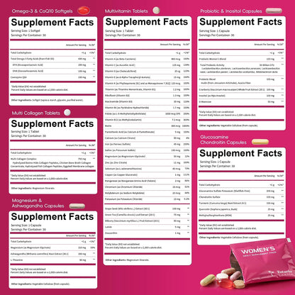 Totaria Multivitamin for Women with Vitamin A,B,C,D3,E,K2, Biotin, Collagen, Magnesium, Ashwagandha, Omega-3, Probiotic, Energy, Beauty, Stress, Calm, 30 Servings