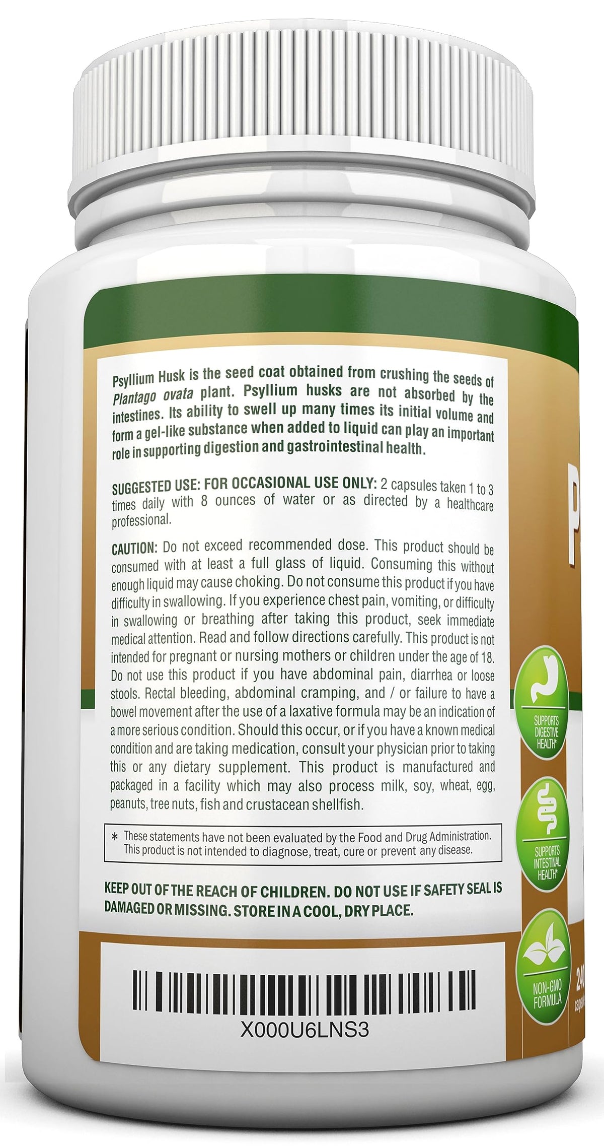 NutriONN PSYLLIUM Husk Capsules - 1450mg Per Serving - 240 Capsules - Double Strength