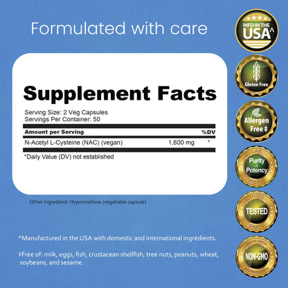 NaturaLife Labs N-Acetyl-L-Cysteine (NAC) 1600 mg – 100 Capsules - Vegan, Non-GMO & Gluten-Free