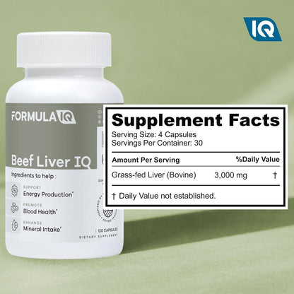 Formula IQ - Beef Liver IQ - Beef Liver Capsules - Supports Energy Production - Natural Iron, Copper, Vitamin A, & Vitamin B - High Absorption - 120 Capsules