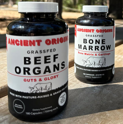 Ancient Origins Grass Fed Beef Liver 360 Capsules, 750 mg Each and Bone Marrow 180 Capsules 510 mg Each