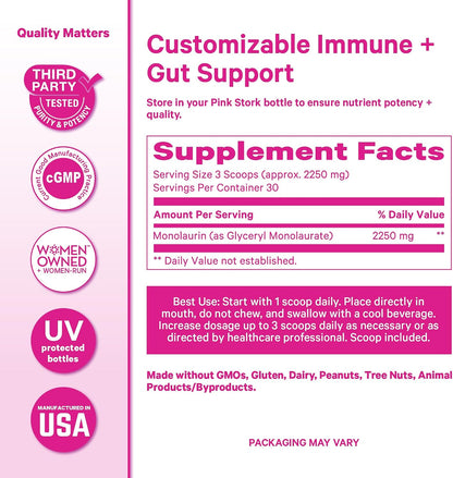 Pink Stork Monolaurin Pellets – Vegan Lauric Acid Immune & Gut Support for Women – Microbial Balance, Digestive Wellness – Odorless, Scoopable Monolaurin Supplement – 226g – 75 Servings