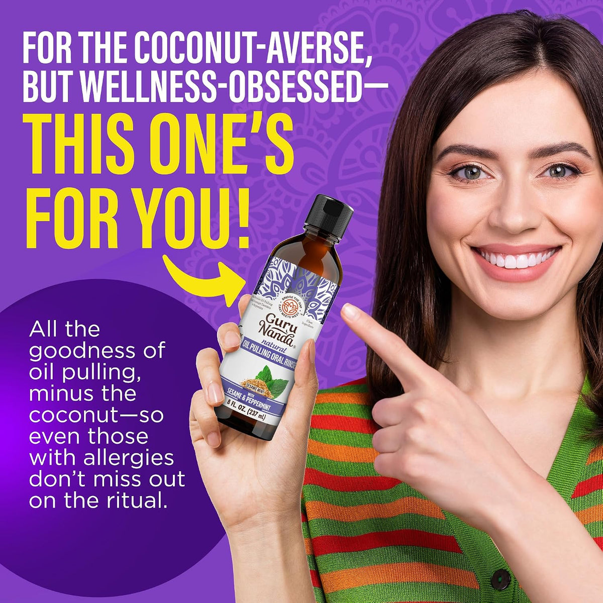 GuruNanda Sesame Oil Pulling Alcohol Free Mouthwash with Peppermint Oil 8oz