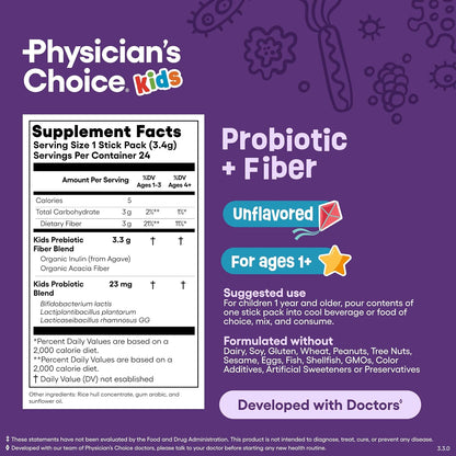 Physician's Choice Kids Probiotic + Prebiotic Fiber Packets (Ages 1+) - Supports Regularity, Occasional Constipation & A Healthy Digestive System - No Allergens or Preservatives - Unflavored - 24 Pack