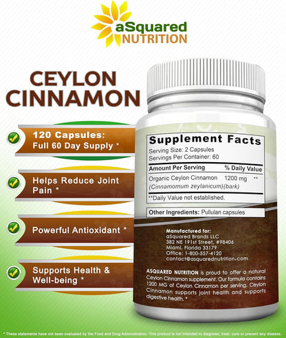 Natural Ceylon Cinnamon 1200mg Per Serving - 120 Capsules, True Cinnamon from Sri Lanka, Extract Supplement Pills Promotes Heart Health