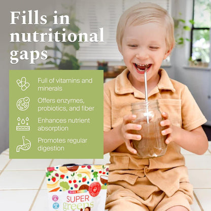 SPRIGS Kids Daily Super Greens Chocolate Powder with 48 Superfoods Probiotics Fiber Enzymes Plant Based Drink Mix for Children Supporting Digestion Immune Health Energy Growth &Daily Nutrition, 9.5 Oz
