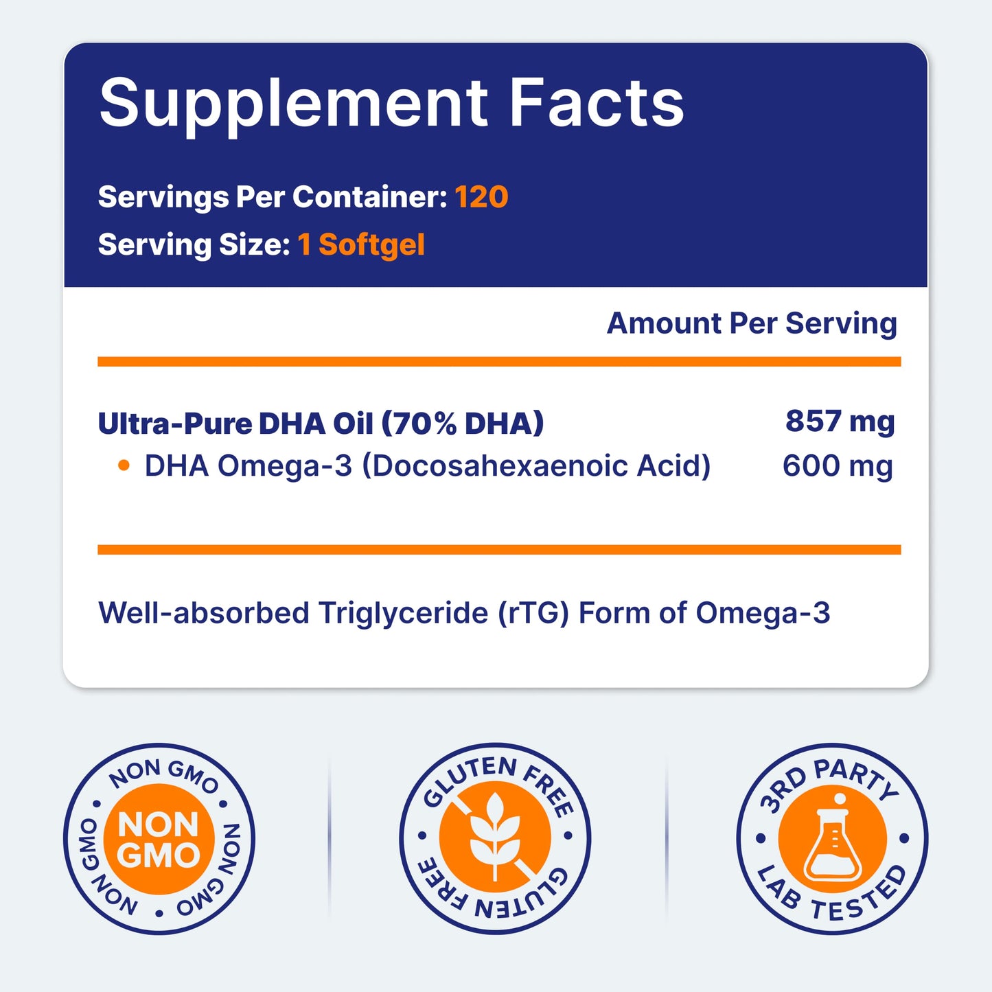 OmegaVia DHA 600 mg, Ultra Pure Omega-3 DHA Supplements for Brain and Eyes, DHA Prenatal Vitamins for Women, Burpless Fish Oil Omega 3, IFOS Tested, 120 Softgels