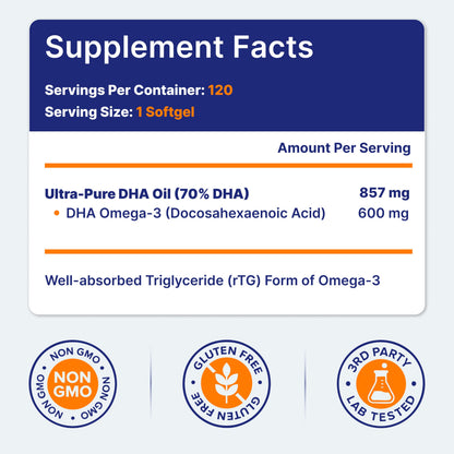 OmegaVia DHA 600 mg, Ultra Pure Omega-3 DHA Supplements for Brain and Eyes, DHA Prenatal Vitamins for Women, Burpless Fish Oil Omega 3, IFOS Tested, 120 Softgels