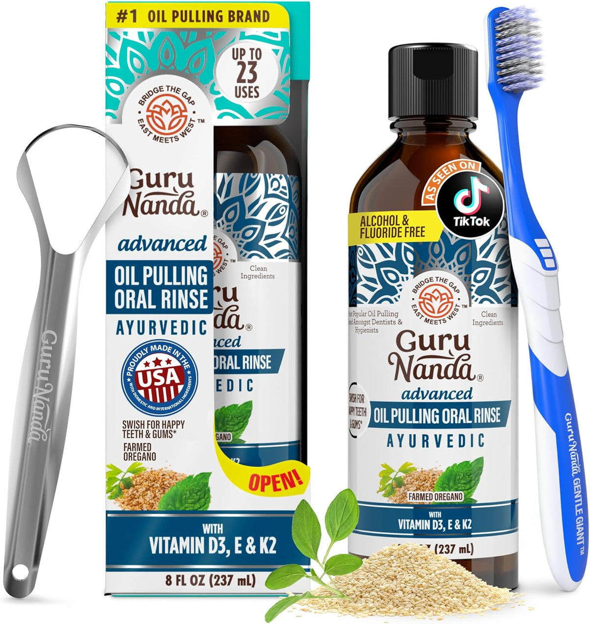 GuruNanda Advanced Oil Pulling Mouthwash with Oregano Oil & Sesame Oil, 8oz
