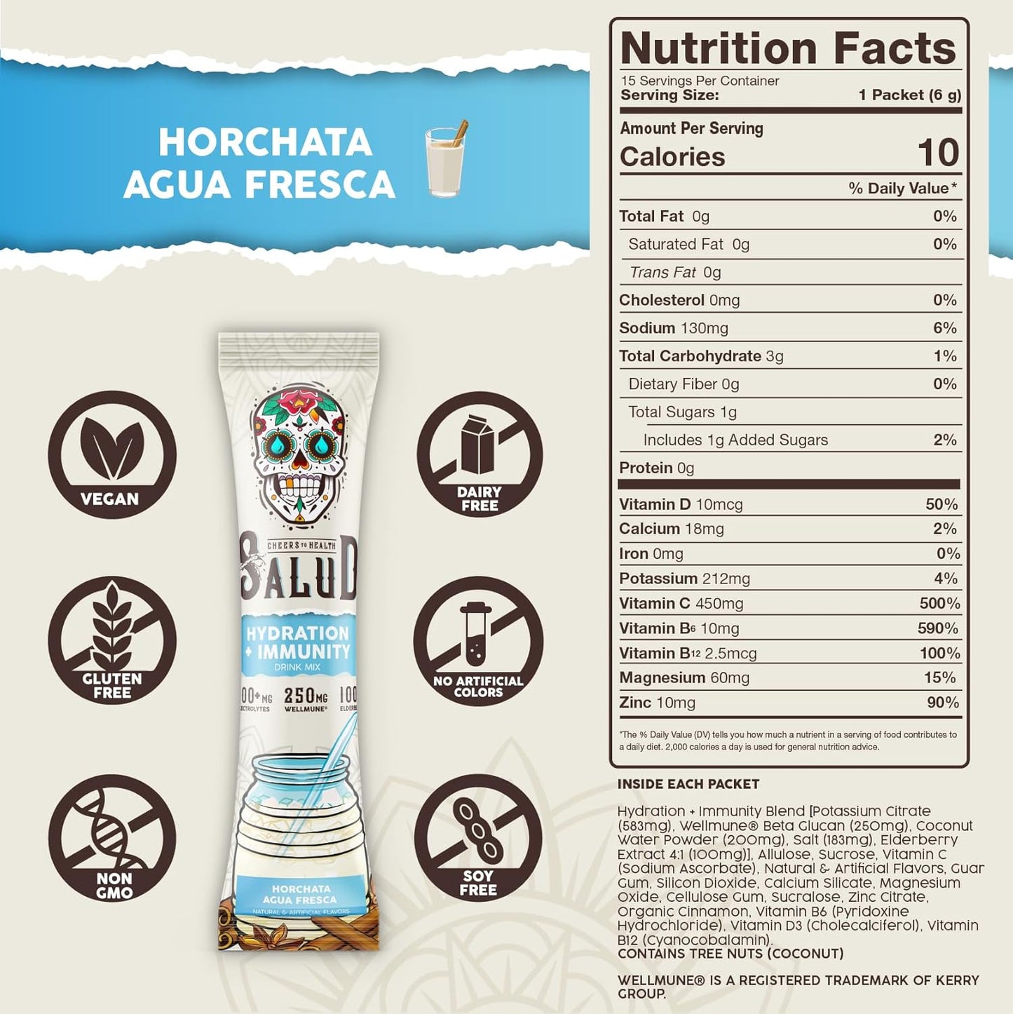 Salud 2-Pack | 2-in-1 Hydration + Immunity (Strawberry) & Hydration + Immunity (Horchata) – 15 Servings Each, Agua Fresca Drink Mix, Non-GMO, Gluten Free, Vegan, Low Calorie, 1g of Sugar