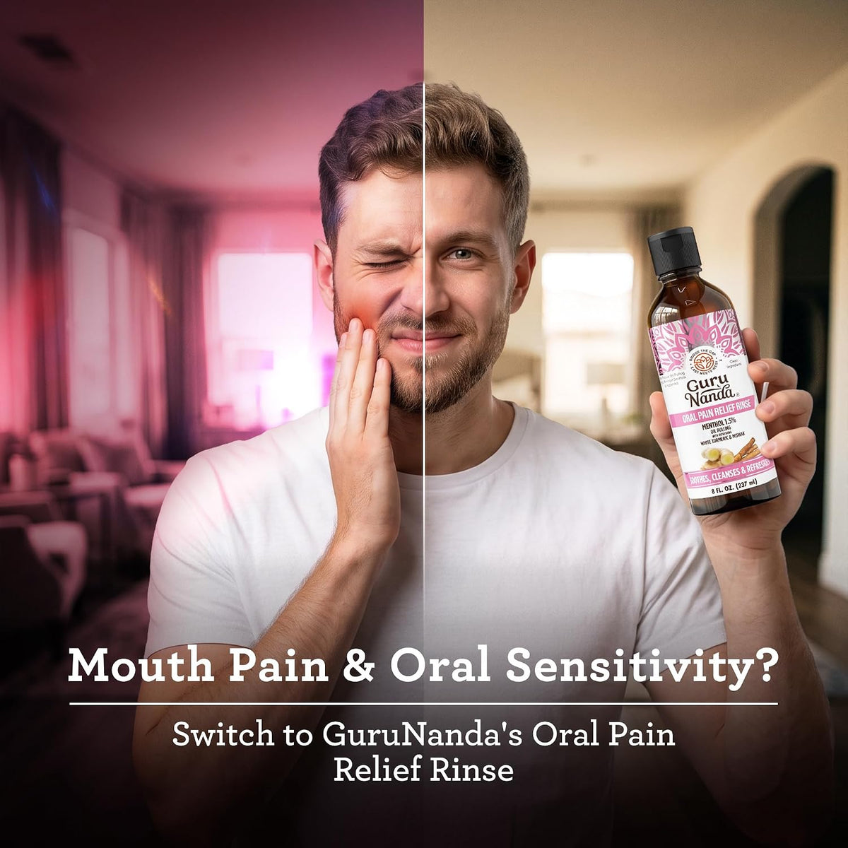 GuruNanda Oral Pain Relief Oil Pulling Mouthwash, Miswak & Clove Oil, 8oz