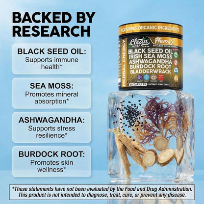 Clean Nutra Black Seed Oil Capsules + Sea Moss Ashwagandha Burdock Root Bladderwrack Seaweed Skin Detox Stress Relief Immune Support Focus Supplement Nigella Sativa 60 Pills