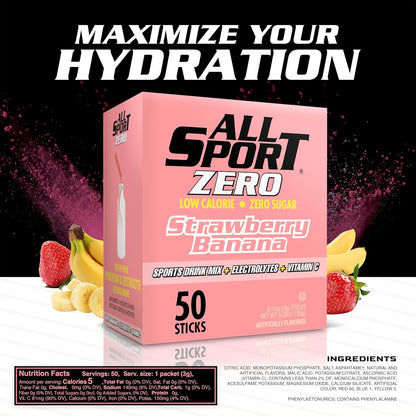 All Sport Zero Powder Sticks, Sugar Free, Strawberry Banana, 50 Count