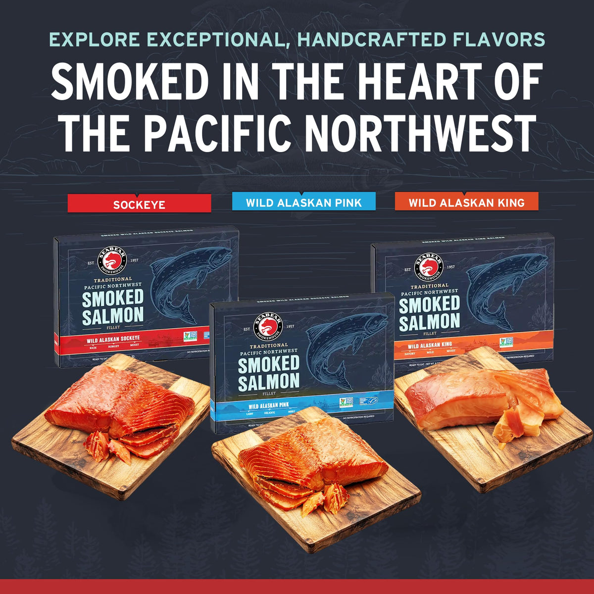 SeaBear Smoked Salmon Trio 18oz (3 x 6oz) Fillets Gift Box – Wild Alaska Sockeye, Wild Pink & Coho Fillets, Shelf Stable, Ready to Eat, 18 Ounce (3 x 6 Ounce) Filets