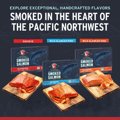 SeaBear Smoked Salmon Trio 18oz (3 x 6oz) Fillets Gift Box – Wild Alaska Sockeye, Wild Pink & Coho Fillets, Shelf Stable, Ready to Eat, 18 Ounce (3 x 6 Ounce) Filets