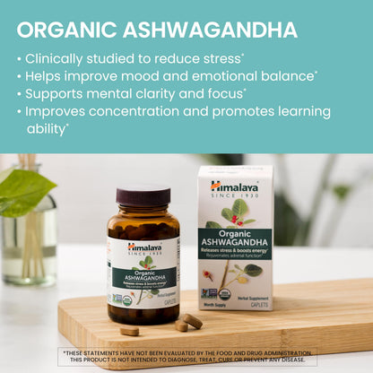 Himalaya USDA Organic Ashwagandha Root, 670 mg, 60 Day Supply, 60 Caplets