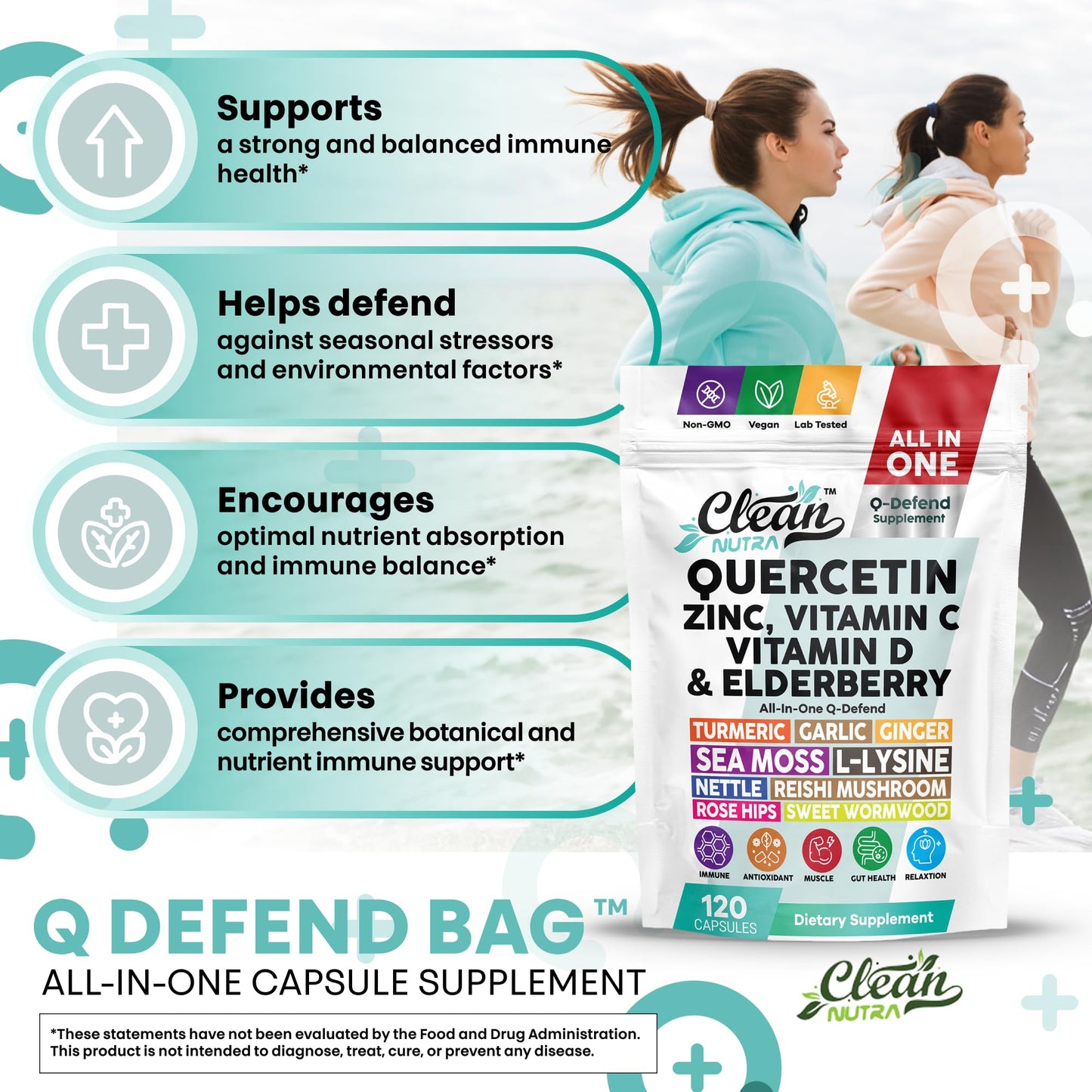 Q Defend Quercetin Supplement with Zinc Vitamin C Vitamin D Elderberry Turmeric Black Pepper Garlic Ginger Sea Moss Lysine Stinging Nettle Reishi Mushroom Immune Support 60 Capsules