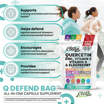 Q Defend Quercetin Supplement with Zinc Vitamin C Vitamin D Elderberry Turmeric Black Pepper Garlic Ginger Sea Moss Lysine Stinging Nettle Reishi Mushroom Immune Support 60 Capsules
