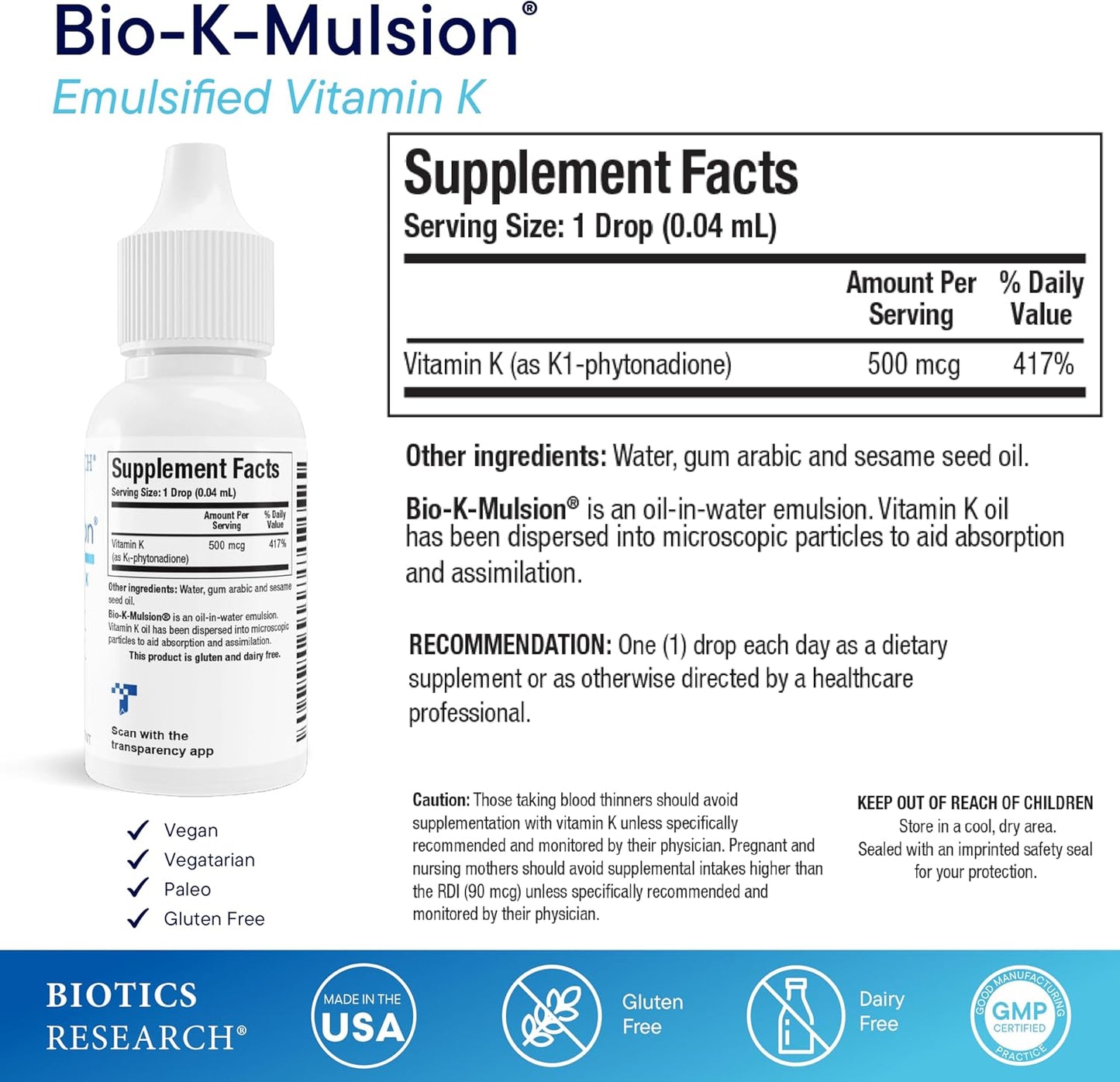 BIOTICS RESEARCH Bio K Mulsion Liquid Vitamin K Drops - 500 mcg/S - Vitamin K1 phytonadione for Adults - VIT K Supplement - Strong Bones, Heart Health, Blood Clotting Support, 1 fl oz