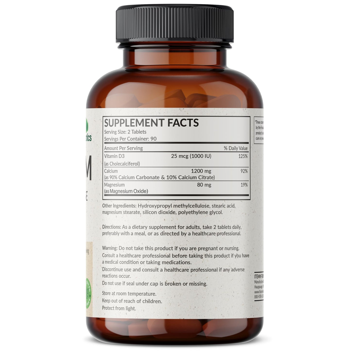 Futurebiotics Calcium 1200 MG Per Serving Sustained Release with Vitamin D3 1000 IU Per Serving Non-GMO, 90 Vegetarian Tablets