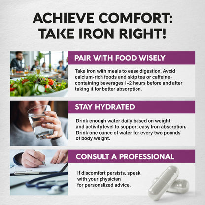 Iron Supplement for Women - Iron 65mg (Ferrous Sulfate 325mg) - Stomach Friendly | Slow Release | High Absorption - Vitamins C, D3, B6, B12 & Folate - Energy Support - 60 Capsules, 2 Month Supply