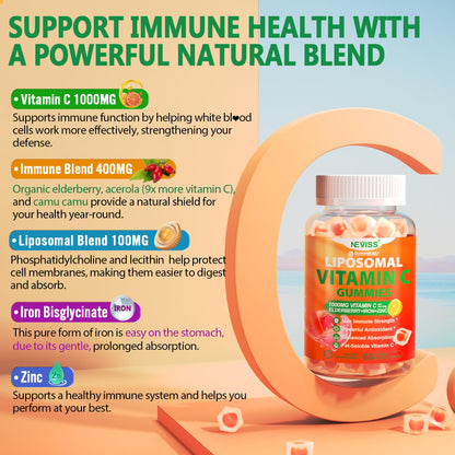 Liposomal Vitamin C 1000mg Gummies for Adults - Vitamin C Chewable with Elderberry, Zinc & 8mg Iron, Sugar Free Vit C Supplements, Daily Immune Support Gummies for Energy, Collagen Booster 60 Counts
