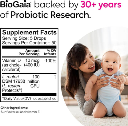 BioGaia Baby Probiotic Drops + Vitamin D | Colic & Gas Relief | 50 Servings | Pediatrician-recommended | Ease Crying, Fussing, Colic, Gas, Spit-ups & Occasional Constipation + Vit D | Safe for Newborns