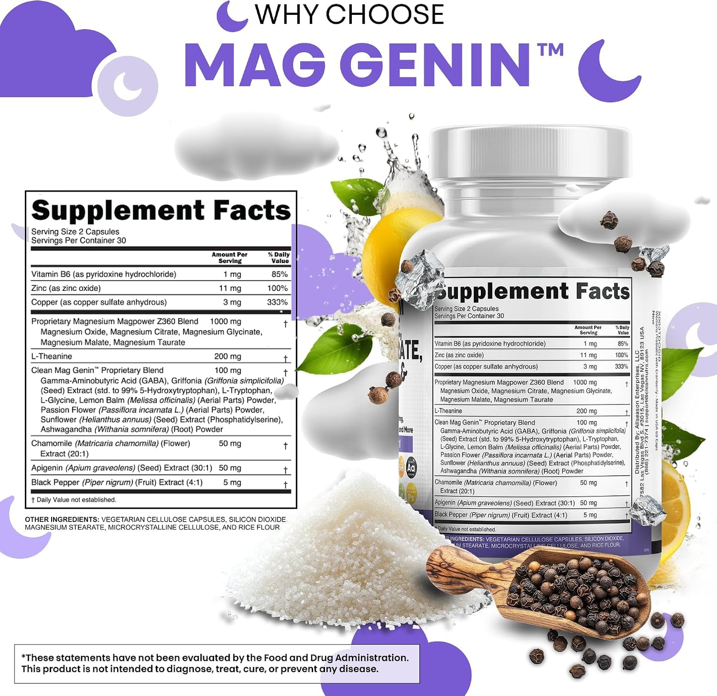 Clean Nutraceuticals Magnesium Glycinate Complex 1000mg with L-Theanine 200mg Apigenin 50mg Citrate Taurate Supplement - 5-HTP GABA Passion Flower Lemon Balm L-Glycine Phosphatidylserine - 60 Count