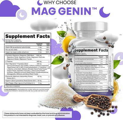 Clean Nutraceuticals Magnesium Glycinate Complex 1000mg with L-Theanine 200mg Apigenin 50mg Citrate Taurate Supplement - 5-HTP GABA Passion Flower Lemon Balm L-Glycine Phosphatidylserine - 60 Count