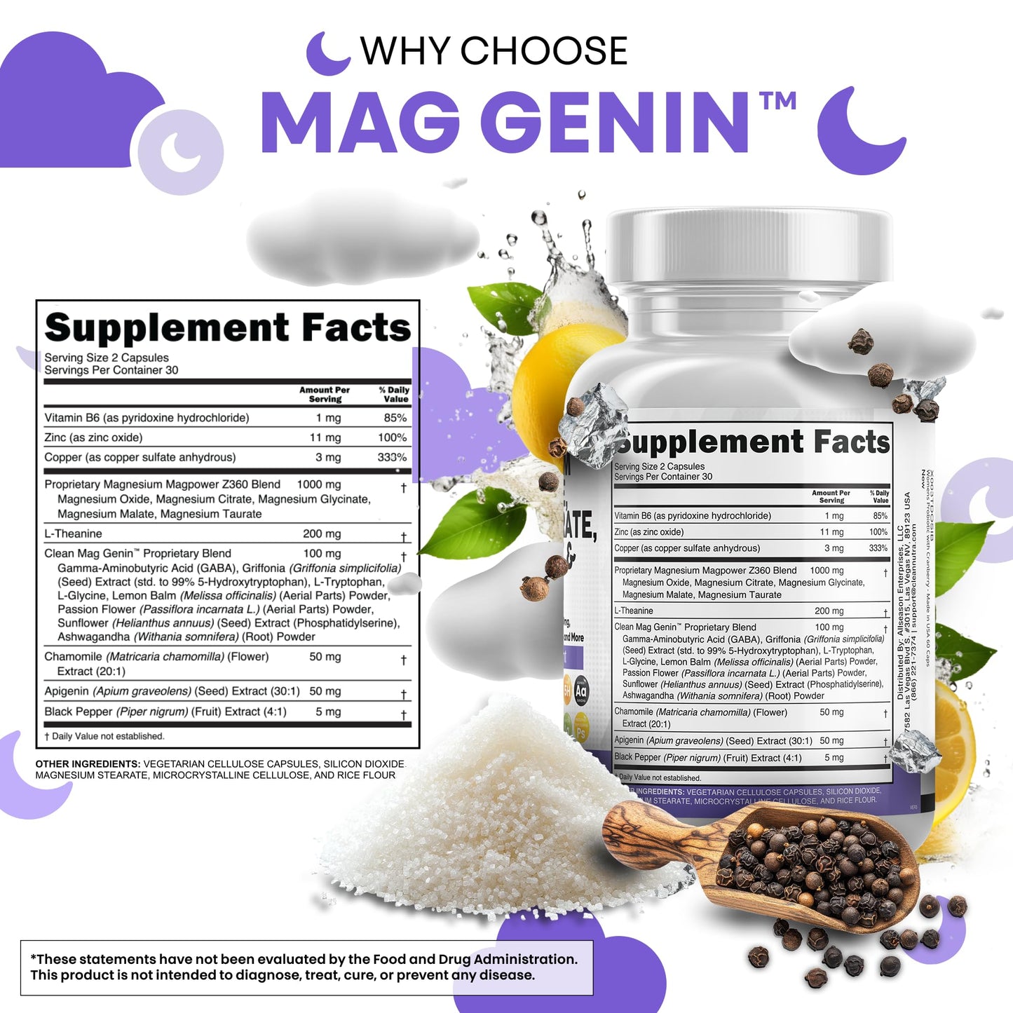 Clean Nutraceuticals Magnesium Glycinate Complex 1000mg with L-Theanine 200mg Apigenin 50mg Citrate Taurate Supplement - 5-HTP GABA Passion Flower Lemon Balm L-Glycine Phosphatidylserine - 60 Count