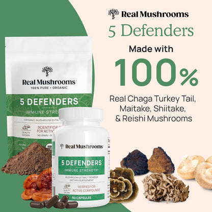 Real Mushrooms RealClarity (60ct) and 5 Defenders (90ct) Capsules Bundle - Mushroom Supplement for Mental Clarity, Focus & Immune Strength - Vegan, Non-GMO, Verified Levels of Beta-Glucans