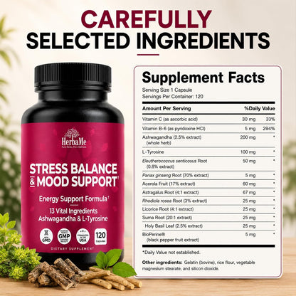 HerbaMe Stress & Mood Support Supplement with Ashwagandha & L-Tyrosine, Energy & Focus Formula, Helps Maintain Balanced Stress Response, 120 Capsules