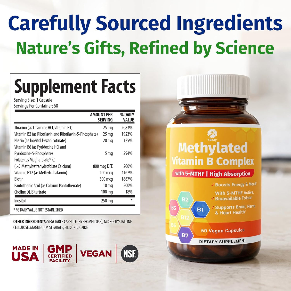 1 Body Methylated Vitamin B Complex, 5-MTHF & Methyl B12, 60 Capsules