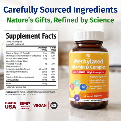 1 Body Methylated Vitamin B Complex, 5-MTHF & Methyl B12, 60 Capsules