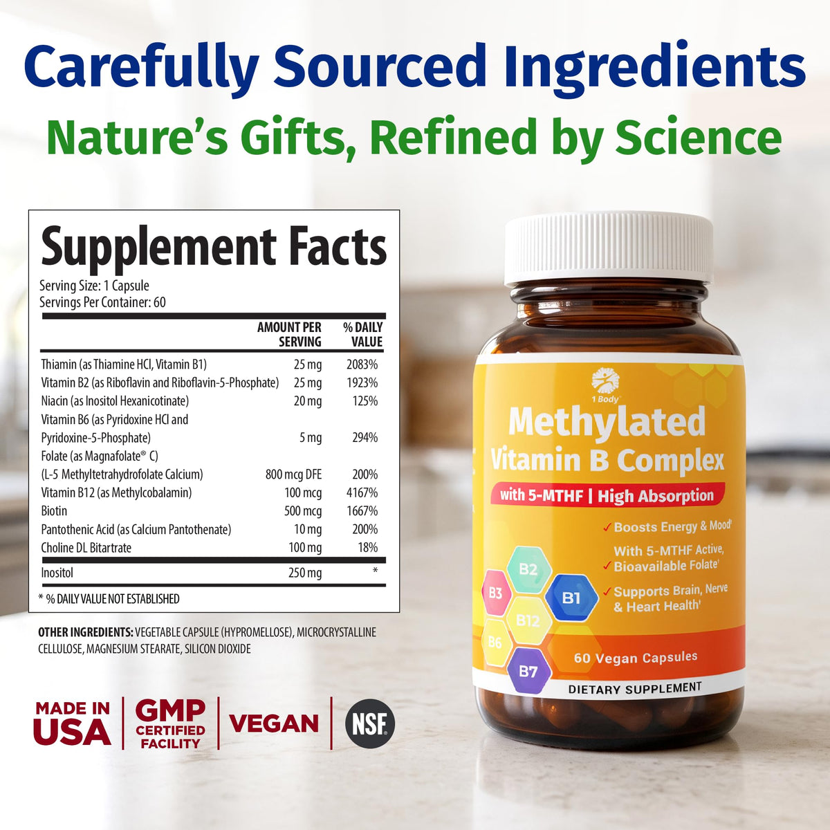1 Body Methylated Vitamin B Complex, 5-MTHF & Methyl B12, 60 Capsules